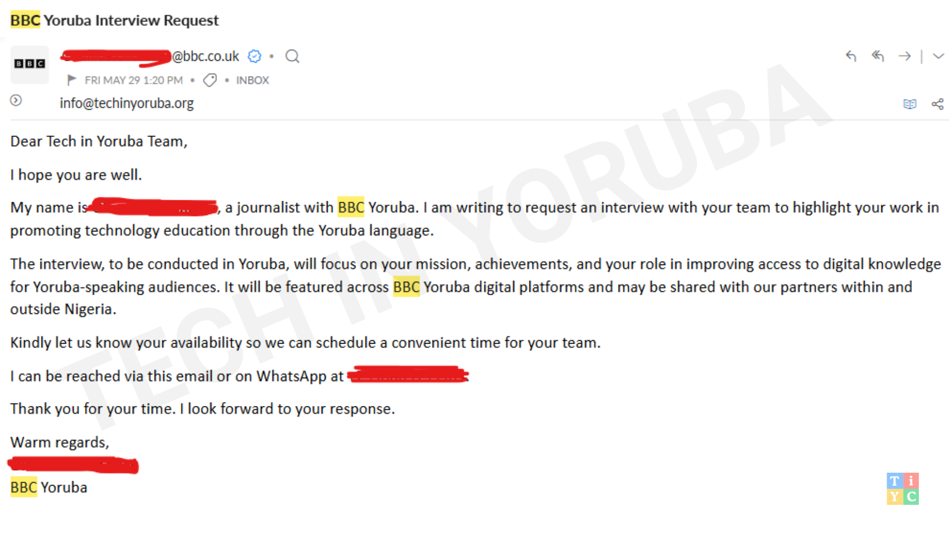 Screenshot of BBC Yoruba Interview request email sent to Tech in Yoruba