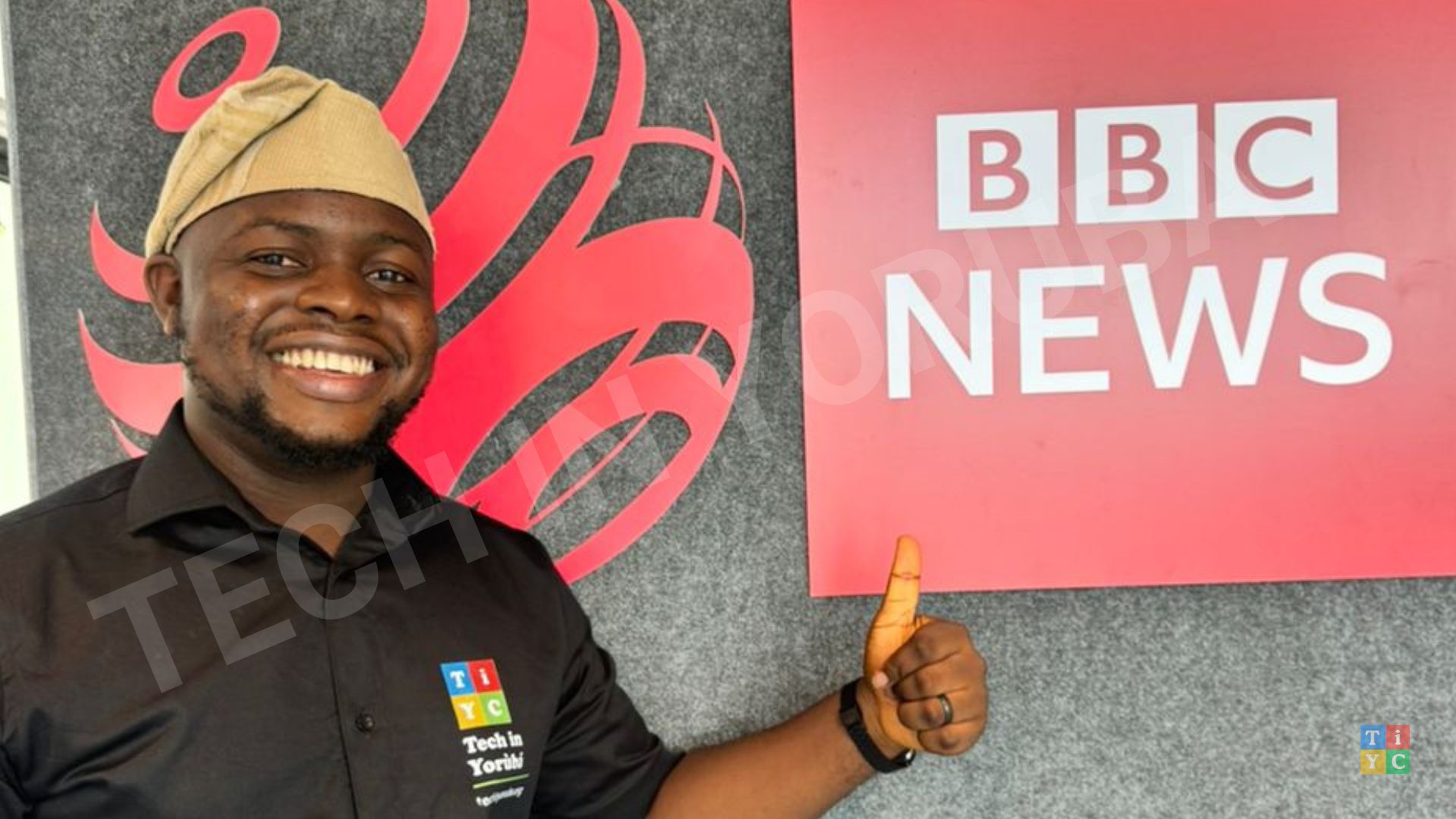 Theophilus Adegbohungbe putting on Tech in Yoruba official outfit at the BBC Studio in Lagos, Nigeria